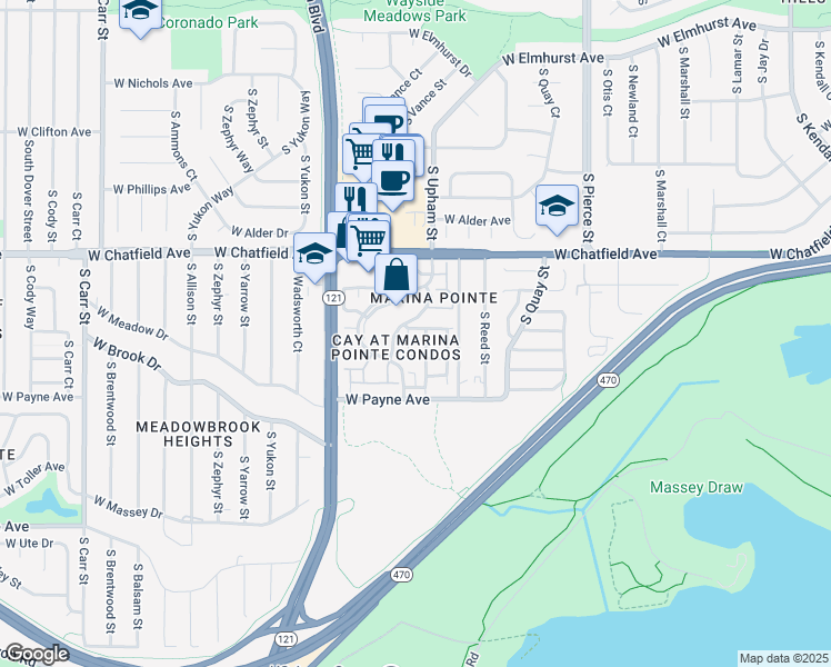 map of restaurants, bars, coffee shops, grocery stores, and more near 8416 South Upham Way in Littleton