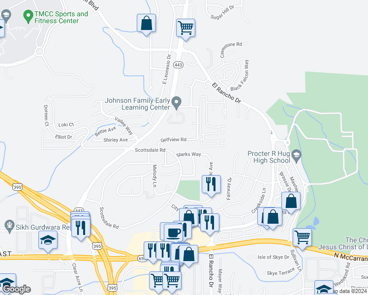 map of restaurants, bars, coffee shops, grocery stores, and more near 3922 Clear Acre Lane in Reno