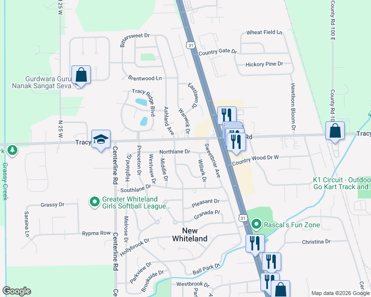 map of restaurants, bars, coffee shops, grocery stores, and more near 312 Northlane Drive in New Whiteland