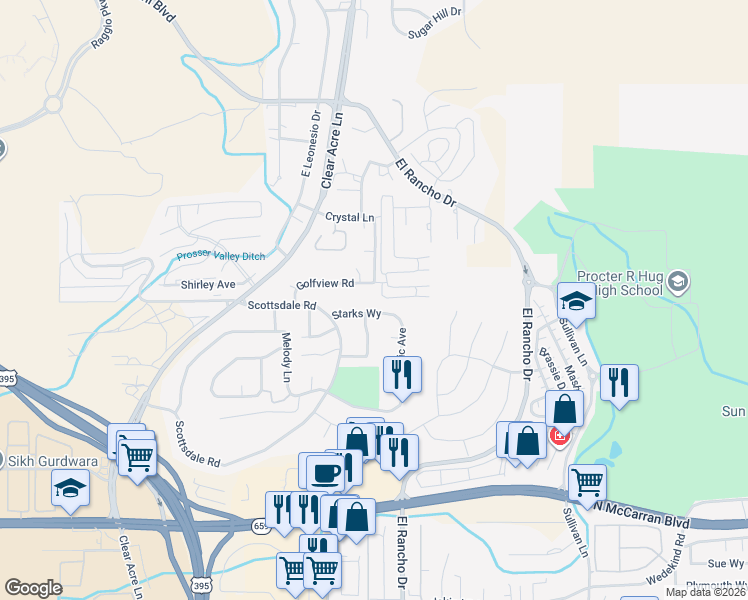 map of restaurants, bars, coffee shops, grocery stores, and more near 3924 Clear Acre Lane in Reno