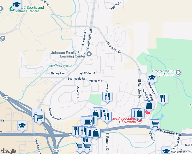 map of restaurants, bars, coffee shops, grocery stores, and more near 3924 Clear Acre Lane in Reno