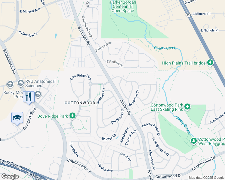 map of restaurants, bars, coffee shops, grocery stores, and more near 8422 Golden Eye Drive in Parker