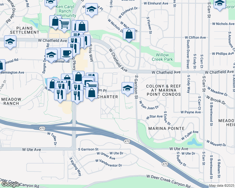 map of restaurants, bars, coffee shops, grocery stores, and more near 8412 South Holland Court in Littleton