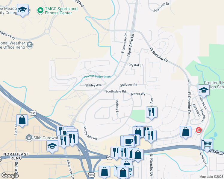 map of restaurants, bars, coffee shops, grocery stores, and more near 3620 Clear Acre Lane in Reno