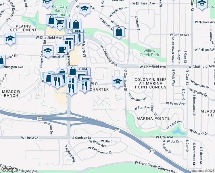 map of restaurants, bars, coffee shops, grocery stores, and more near 8412 South Holland Court in Littleton
