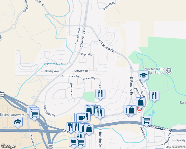 map of restaurants, bars, coffee shops, grocery stores, and more near 3924 Clear Acre Lane in Reno