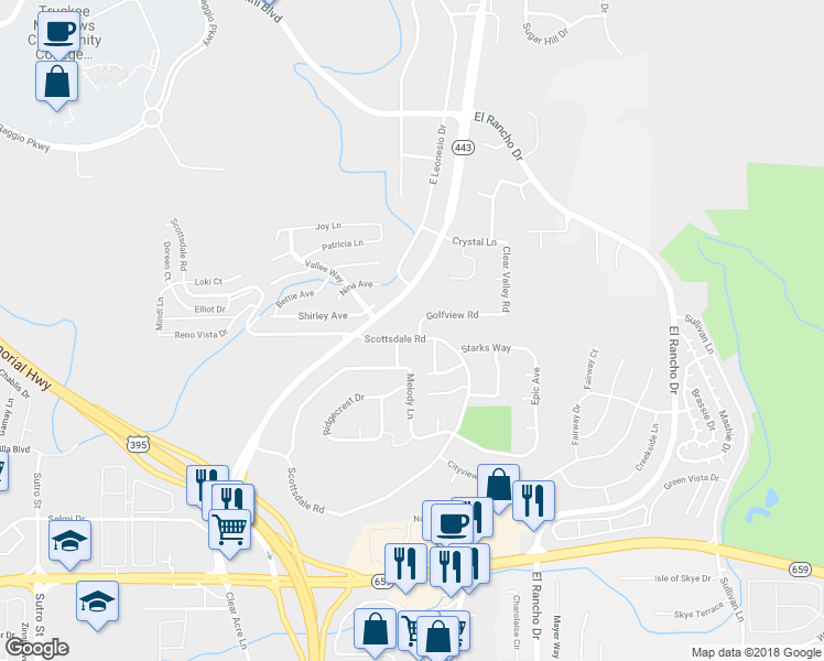map of restaurants, bars, coffee shops, grocery stores, and more near 3909 Clear Acre Lane in Reno
