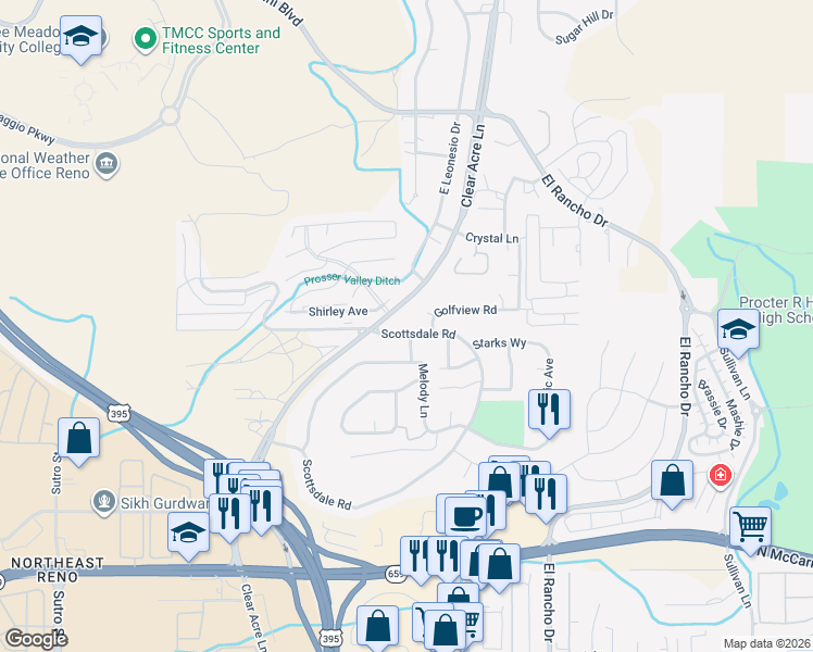 map of restaurants, bars, coffee shops, grocery stores, and more near 3620 Clear Acre Lane in Reno