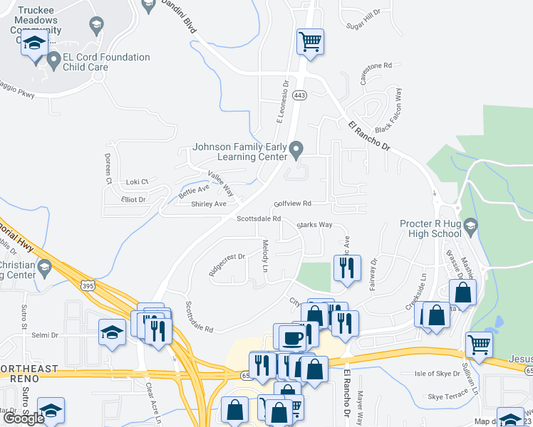 map of restaurants, bars, coffee shops, grocery stores, and more near 3909 Golfview Road in Reno