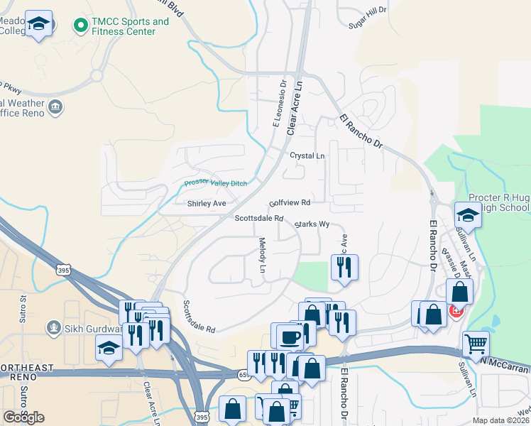 map of restaurants, bars, coffee shops, grocery stores, and more near 3909 Clear Acre Lane in Reno