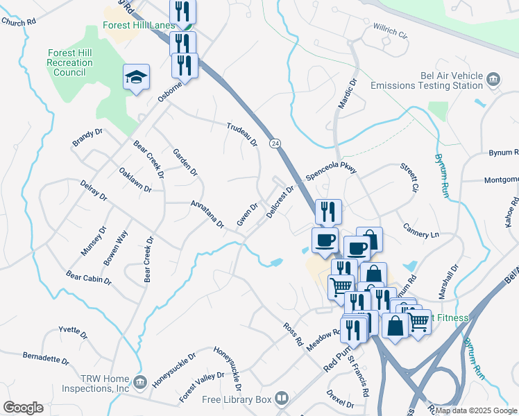 map of restaurants, bars, coffee shops, grocery stores, and more near 103 Sunshine Court in Forest Hill