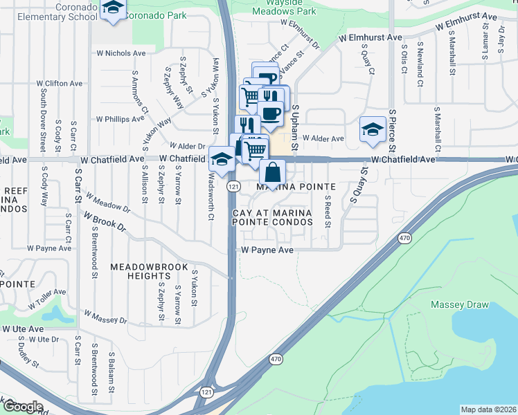 map of restaurants, bars, coffee shops, grocery stores, and more near 8400 South Upham Way in Littleton