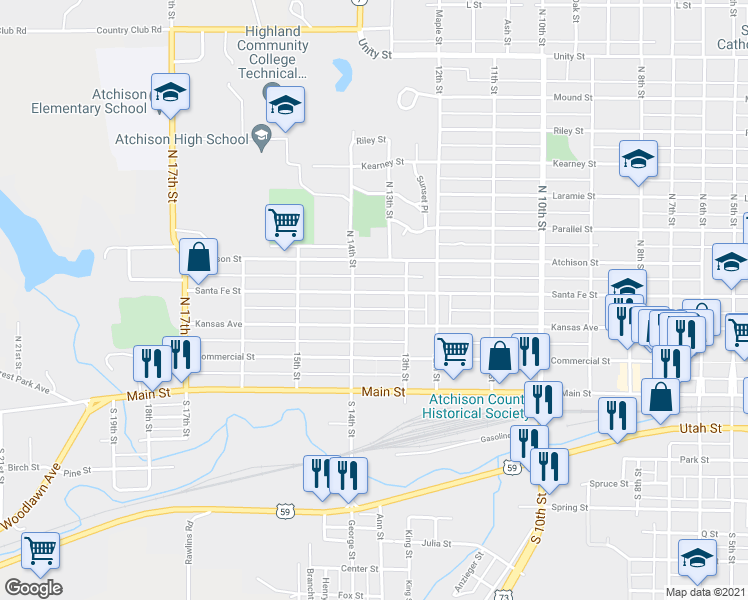 map of restaurants, bars, coffee shops, grocery stores, and more near 1330 Santa Fe Street in Atchison