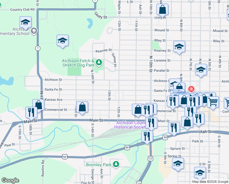 map of restaurants, bars, coffee shops, grocery stores, and more near 258-298 13th St in Atchison