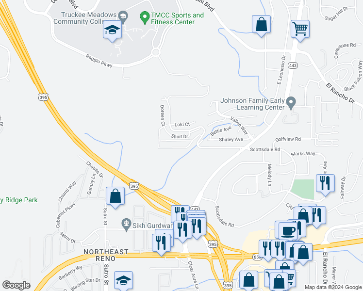 map of restaurants, bars, coffee shops, grocery stores, and more near 3261 Reno Vista Drive in Reno