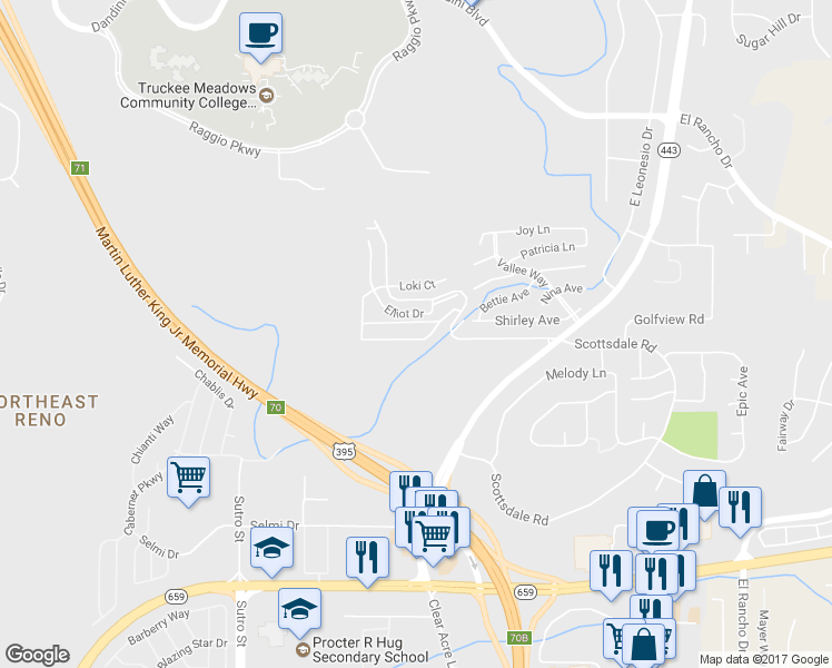 map of restaurants, bars, coffee shops, grocery stores, and more near 3265 Reno Vista Drive in Reno