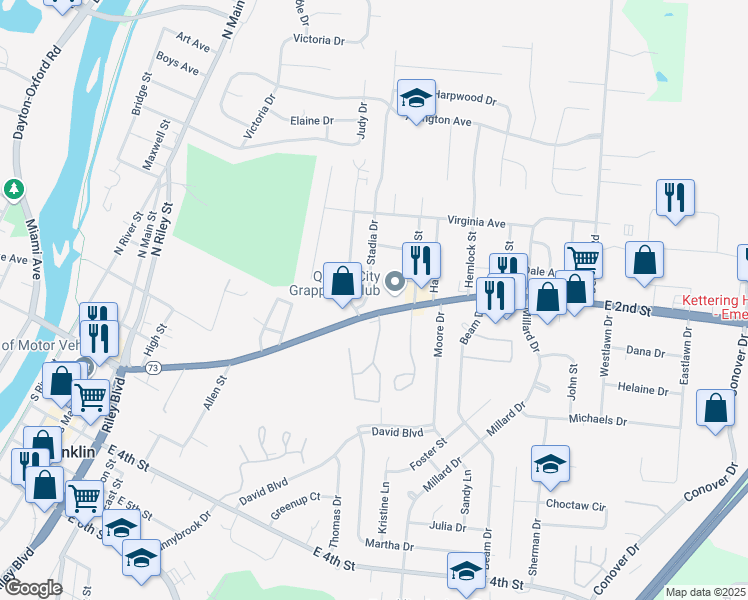 map of restaurants, bars, coffee shops, grocery stores, and more near 12 Stadia Drive in Franklin