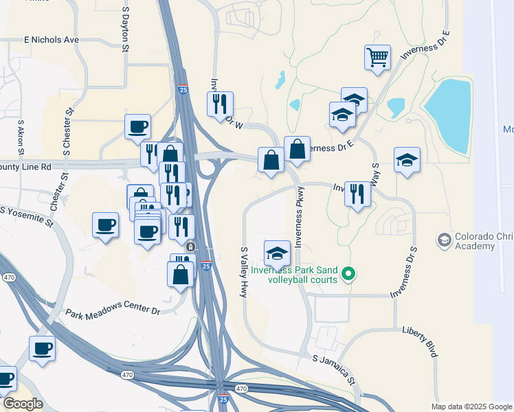 map of restaurants, bars, coffee shops, grocery stores, and more near 8331 South Valley Highway in Englewood