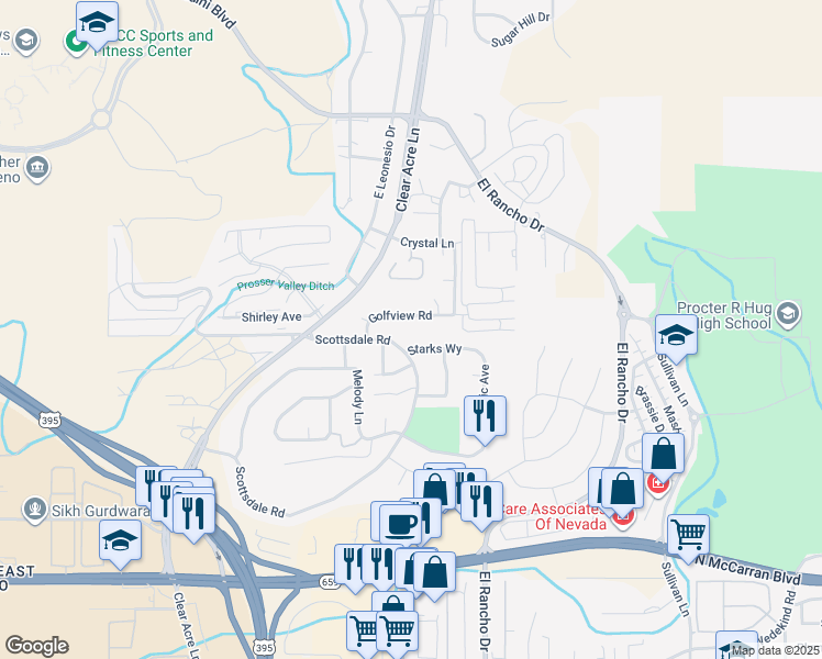 map of restaurants, bars, coffee shops, grocery stores, and more near 3916 Clear Acre Lane in Reno