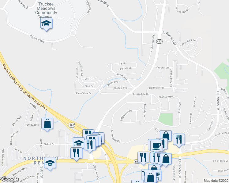map of restaurants, bars, coffee shops, grocery stores, and more near 3345 Scottsdale Road in Reno
