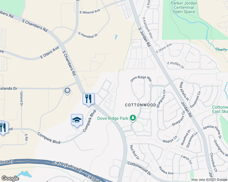 map of restaurants, bars, coffee shops, grocery stores, and more near 8420 Canyon Rim Trail in Englewood