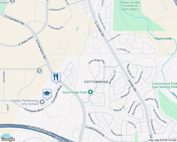 map of restaurants, bars, coffee shops, grocery stores, and more near 8445 Dove Ridge Way in Parker