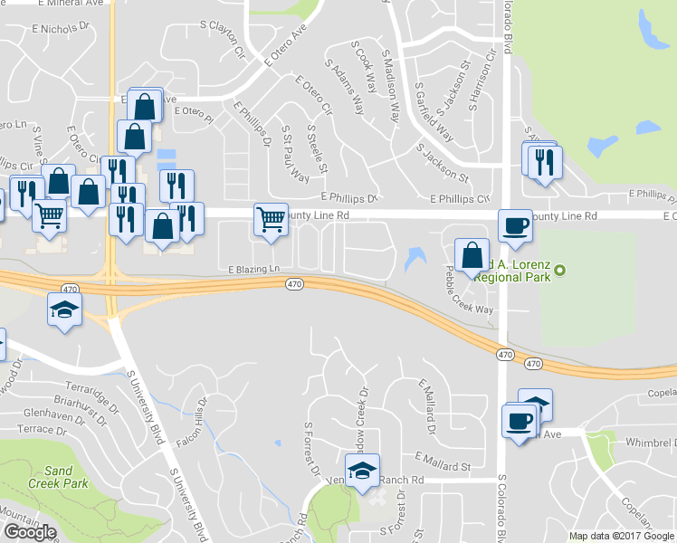 map of restaurants, bars, coffee shops, grocery stores, and more near 8362 Stonybridge Circle in Littleton