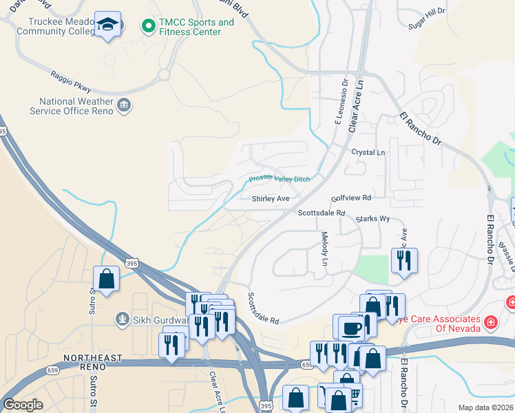 map of restaurants, bars, coffee shops, grocery stores, and more near 3345 Scottsdale Road in Reno