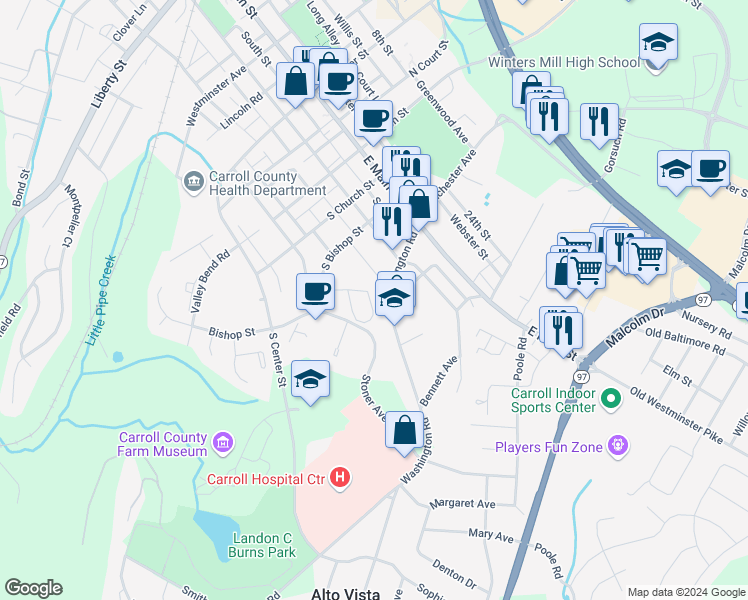 map of restaurants, bars, coffee shops, grocery stores, and more near 85 Timber Ridge Drive in Westminster