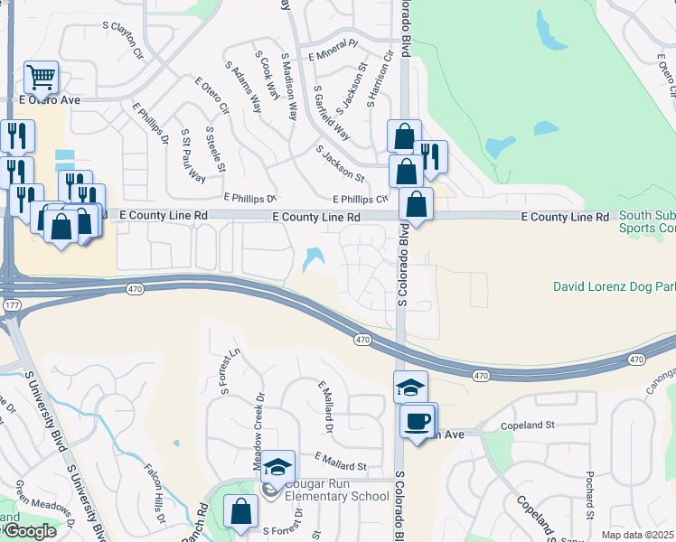 map of restaurants, bars, coffee shops, grocery stores, and more near 8405 Pebble Creek Way in Littleton