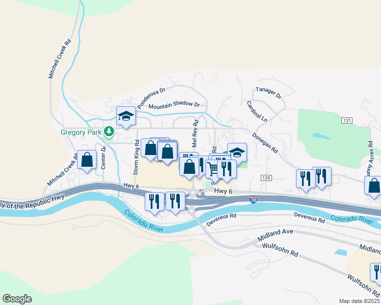 map of restaurants, bars, coffee shops, grocery stores, and more near 170 Mel Rey Road in Glenwood Springs