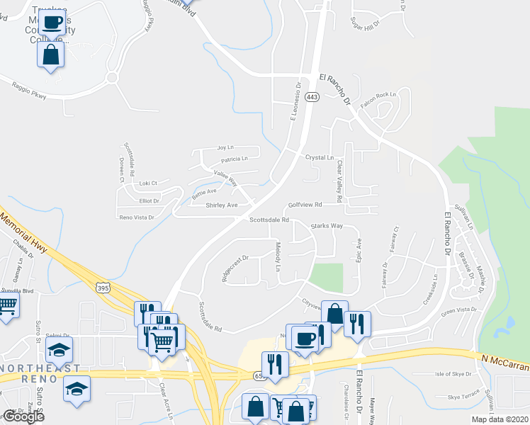 map of restaurants, bars, coffee shops, grocery stores, and more near 3620 Clear Acre Lane in Reno