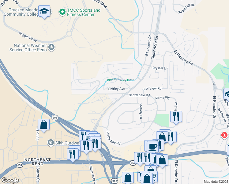 map of restaurants, bars, coffee shops, grocery stores, and more near 3345 Scottsdale Road in Reno