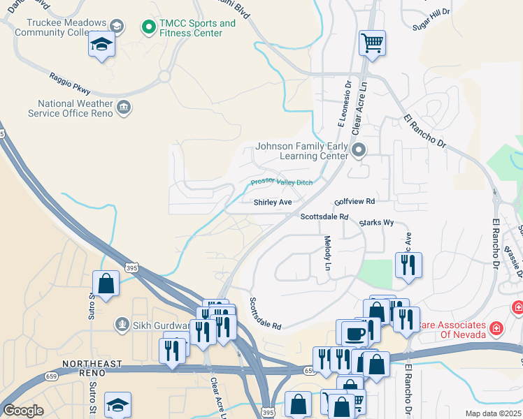 map of restaurants, bars, coffee shops, grocery stores, and more near 3345 Scottsdale Road in Reno