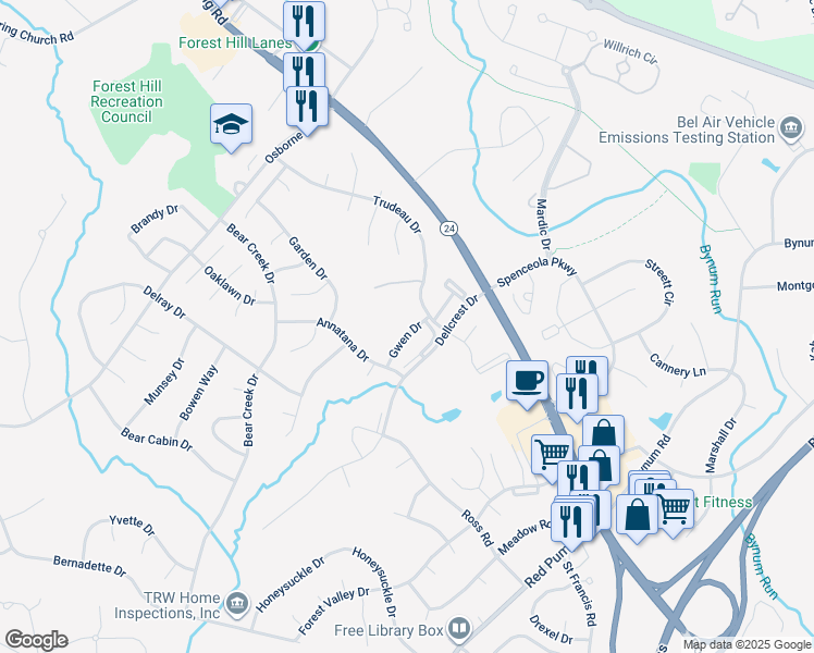 map of restaurants, bars, coffee shops, grocery stores, and more near 106 Gwen Drive in Forest Hill