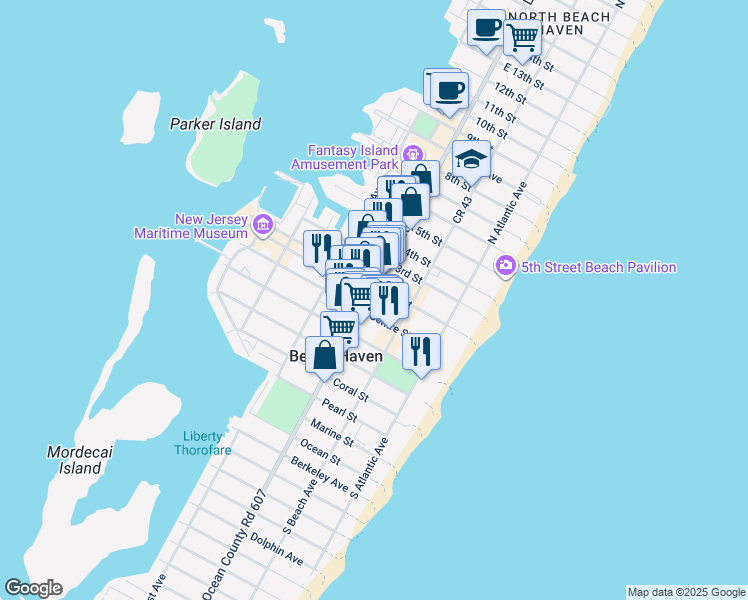 map of restaurants, bars, coffee shops, grocery stores, and more near 115 North Bay Avenue in Beach Haven