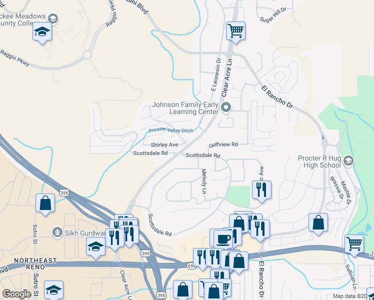 map of restaurants, bars, coffee shops, grocery stores, and more near 3620 Clear Acre Lane in Reno
