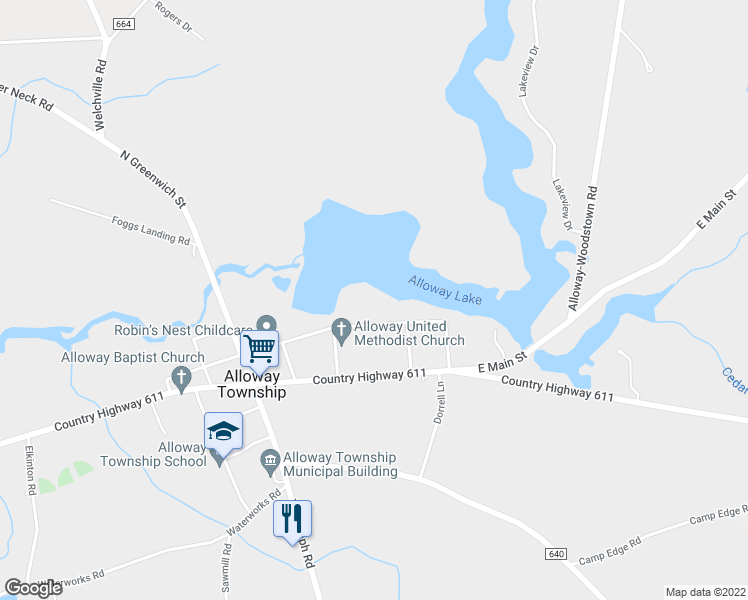 map of restaurants, bars, coffee shops, grocery stores, and more near 66 East Canal Street in Alloway