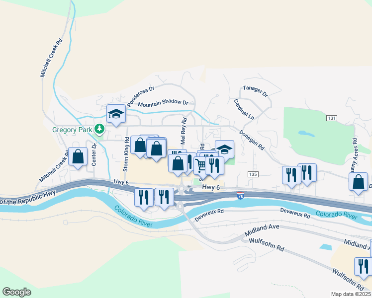 map of restaurants, bars, coffee shops, grocery stores, and more near 170 Mel Rey Road in Glenwood Springs