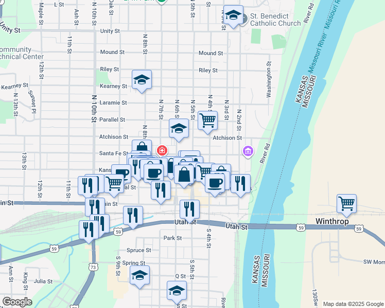 map of restaurants, bars, coffee shops, grocery stores, and more near 301 North 5th Street in Atchison
