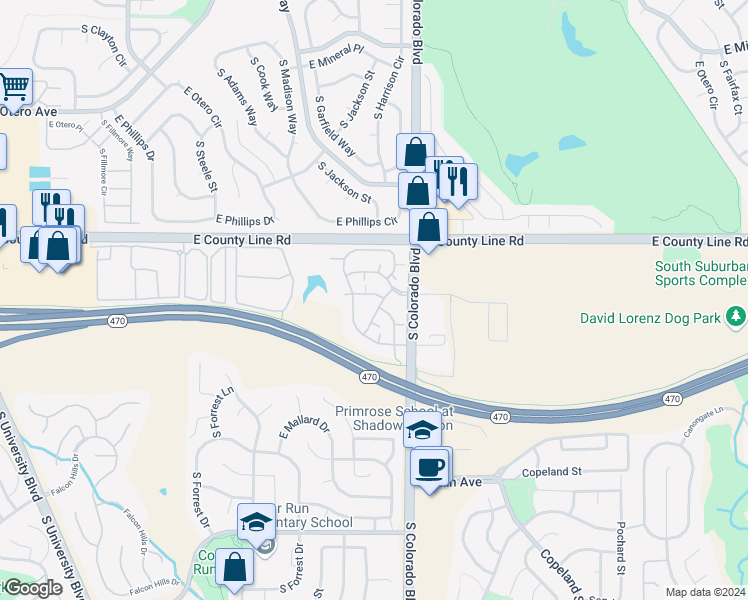 map of restaurants, bars, coffee shops, grocery stores, and more near 8427 South Thunder Ridge Way in Highlands Ranch