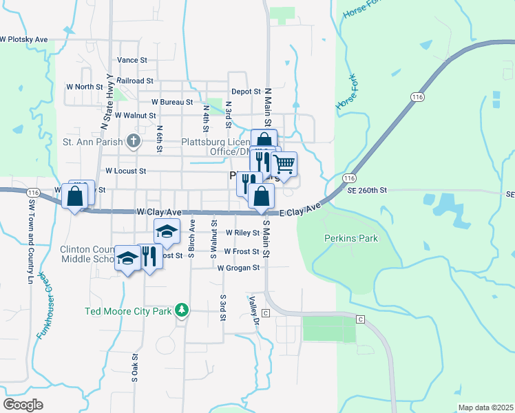 map of restaurants, bars, coffee shops, grocery stores, and more near 100 West Clay Avenue in Plattsburg