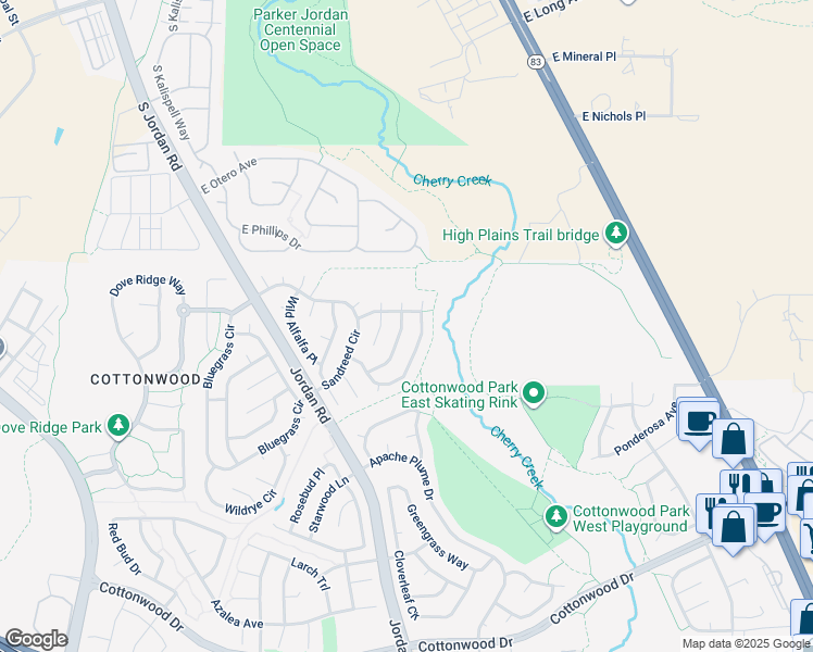 map of restaurants, bars, coffee shops, grocery stores, and more near 8426 Prairie Clover Way in Parker