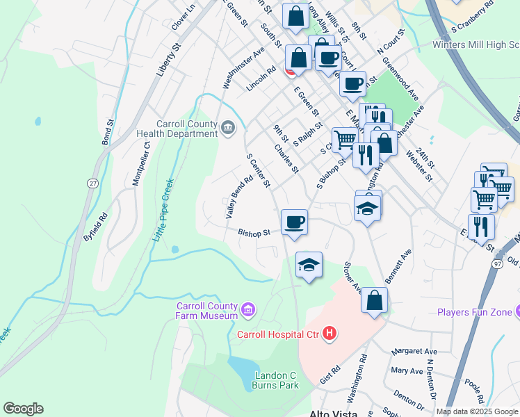 map of restaurants, bars, coffee shops, grocery stores, and more near 408 Baldwin Park Drive in Westminster