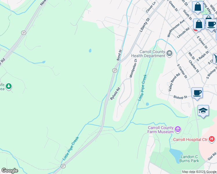 map of restaurants, bars, coffee shops, grocery stores, and more near 350 Ridge Road in Westminster