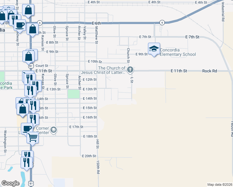 map of restaurants, bars, coffee shops, grocery stores, and more near 13 Terrace Circle in Concordia