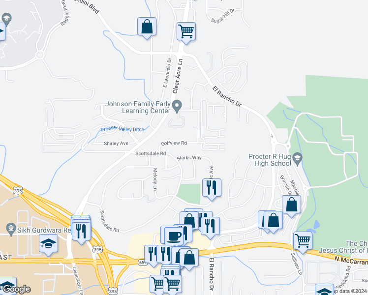 map of restaurants, bars, coffee shops, grocery stores, and more near 3920 Clear Acre Lane in Reno