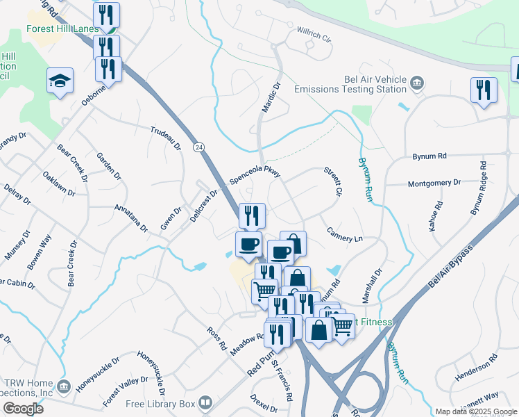 map of restaurants, bars, coffee shops, grocery stores, and more near 266 Cherry Tree Square in Forest Hill