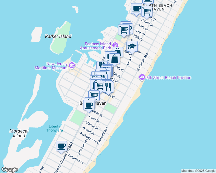 map of restaurants, bars, coffee shops, grocery stores, and more near 115 North Bay Avenue in Beach Haven