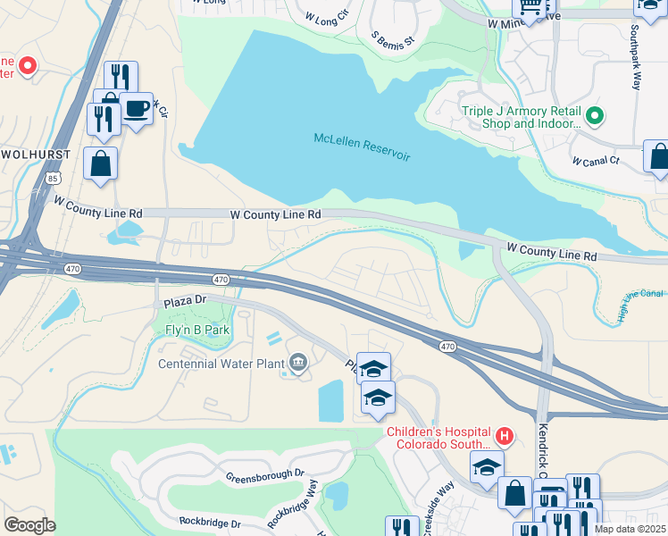 map of restaurants, bars, coffee shops, grocery stores, and more near 2466 Primo Road in Highlands Ranch